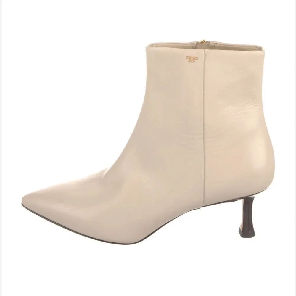 Tory Burch Beige Leather Kitten Heel Pointed Ankle Booties Zip $480